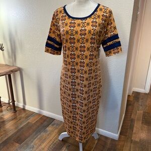 LuLaRoe - Julia - Mustard Floral Dress with Navy Stripes - Size Large - NWT
